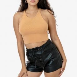 Los Angeles Apparel RLH746 - Leather Front Tie Up Short Women's