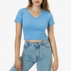 Los Angeles Apparel 4356 - Baby Rib Short Sleeve V-Neck Crop Tee Women's