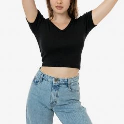 Los Angeles Apparel 4356 - Baby Rib Short Sleeve V-Neck Crop Tee Women's