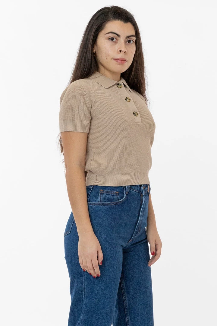 Los Angeles Apparel RFK46GD - Cotton Short Sleeve Cropped Polo Sweater Women's 7 Los Angeles Apparel RFK46GD - Cotton Short Sleeve Cropped Polo Sweater Women's