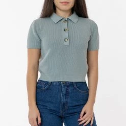 Los Angeles Apparel RFK46GD - Cotton Short Sleeve Cropped Polo Sweater Women's 34 Los Angeles Apparel RFK46GD - Cotton Short Sleeve Cropped Polo Sweater Women's