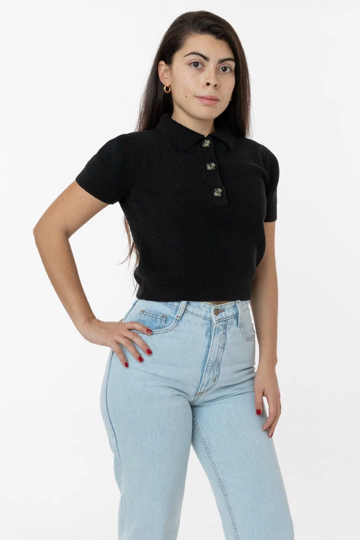 Los Angeles Apparel RFK46GD - Cotton Short Sleeve Cropped Polo Sweater Women's 18 Los Angeles Apparel RFK46GD - Cotton Short Sleeve Cropped Polo Sweater Women's