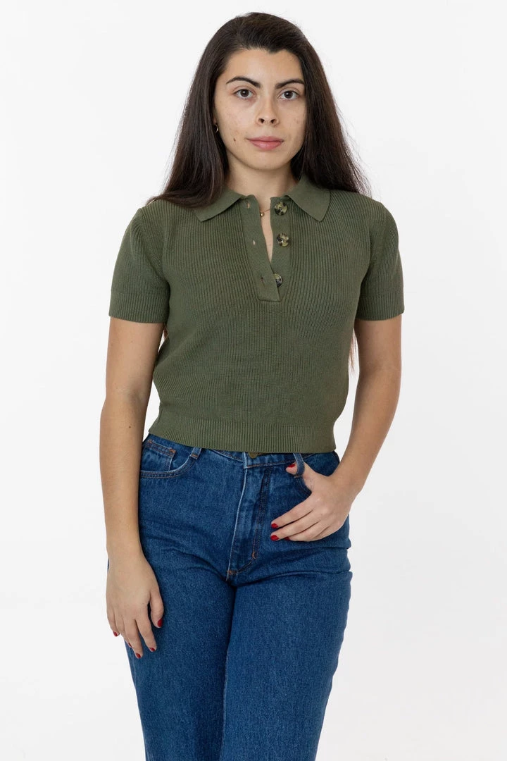 Los Angeles Apparel RFK46GD - Cotton Short Sleeve Cropped Polo Sweater Women's 3 Los Angeles Apparel RFK46GD - Cotton Short Sleeve Cropped Polo Sweater Women's