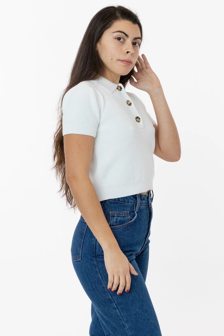 Los Angeles Apparel RFK46GD - Cotton Short Sleeve Cropped Polo Sweater Women's 10 Los Angeles Apparel RFK46GD - Cotton Short Sleeve Cropped Polo Sweater Women's