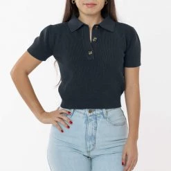 Los Angeles Apparel RFK46GD - Cotton Short Sleeve Cropped Polo Sweater Women's 23 Los Angeles Apparel RFK46GD - Cotton Short Sleeve Cropped Polo Sweater Women's