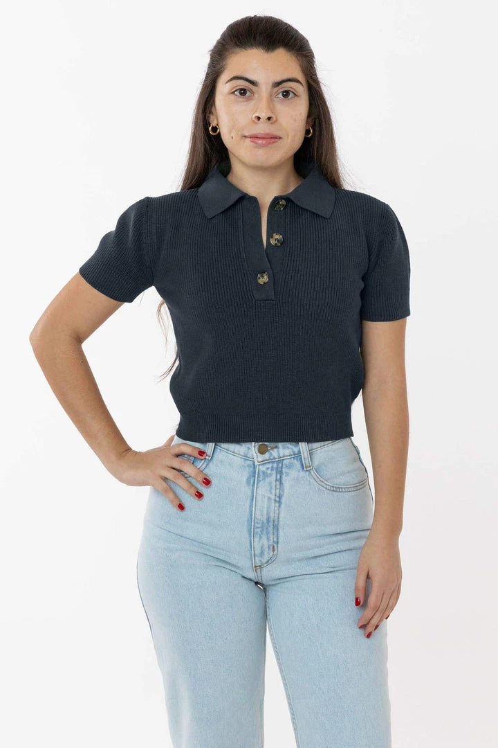 Los Angeles Apparel RFK46GD - Cotton Short Sleeve Cropped Polo Sweater Women's 6 Los Angeles Apparel RFK46GD - Cotton Short Sleeve Cropped Polo Sweater Women's
