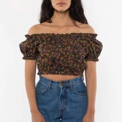 Los Angeles Apparel RCT314P - Printed Poplin Scrunch Top Women's