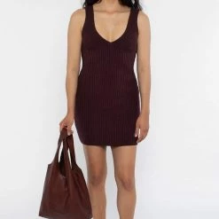 Los Angeles Apparel RFK226 - Ultra Heavy Knit Ribbed V Neck Dress Women's