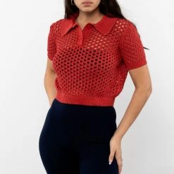 Los Angeles Apparel Women's RFK54 - Mesh Knit Cropped Polo Sweater