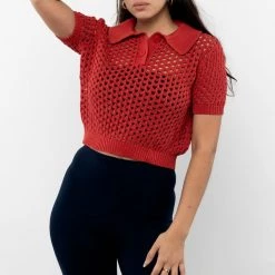 Los Angeles Apparel Women's RFK54 - Mesh Knit Cropped Polo Sweater