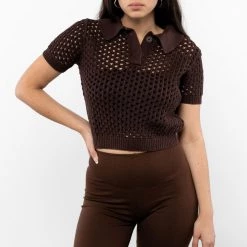 Los Angeles Apparel Women's RFK54 - Mesh Knit Cropped Polo Sweater