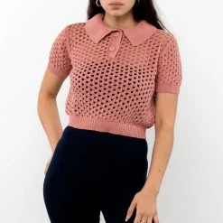 Los Angeles Apparel Women's RFK54 - Mesh Knit Cropped Polo Sweater