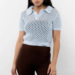 Los Angeles Apparel Women's RFK54 - Mesh Knit Cropped Polo Sweater