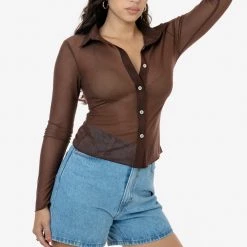 Los Angeles Apparel RNS745 - Micro Mesh Long Sleeve Button Up Women's