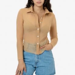 Los Angeles Apparel RNS745 - Micro Mesh Long Sleeve Button Up Women's