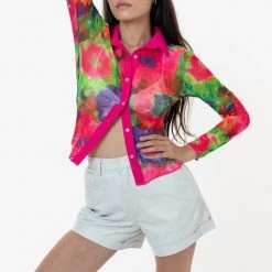 Los Angeles Apparel Women's RNS745P - Printed Micro Mesh Long Sleeve Button Up 33 Los Angeles Apparel Women's RNS745P - Printed Micro Mesh Long Sleeve Button Up