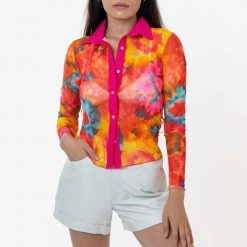 Los Angeles Apparel Women's RNS745P - Printed Micro Mesh Long Sleeve Button Up 34 Los Angeles Apparel Women's RNS745P - Printed Micro Mesh Long Sleeve Button Up