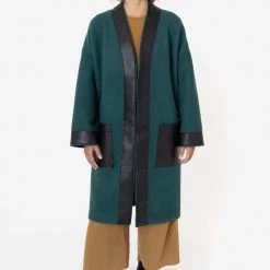 Los Angeles Apparel RWL100 - Wool Coat With Leather Trim Women's