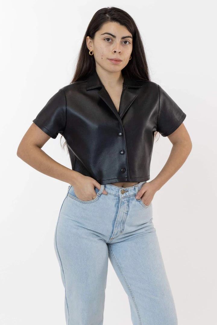 Los Angeles Apparel Women's RLH3021 - Leather Cropped Camp Collar Shirt 3 Los Angeles Apparel Women's RLH3021 - Leather Cropped Camp Collar Shirt