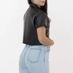 Los Angeles Apparel Women's RLH3021 - Leather Cropped Camp Collar Shirt