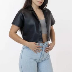 Los Angeles Apparel Women's RLH3021 - Leather Cropped Camp Collar Shirt 7 Los Angeles Apparel Women's RLH3021 - Leather Cropped Camp Collar Shirt
