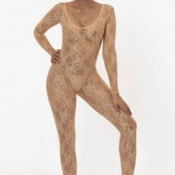 Los Angeles Apparel Women's FNS028 - Floral Lace Long Sleeve Scoop Unitard