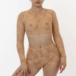 Los Angeles Apparel Women's FNS079 - Floral Lace Long Sleeve Crop Top